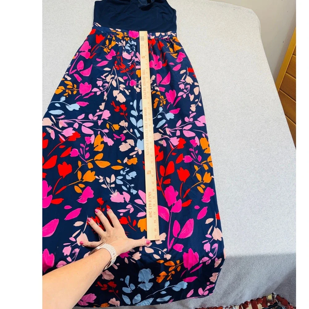 Vince Camuto Maxi Dress Womens 8 Navy Blue Floral‎ Halter Neck Keyhole Summer